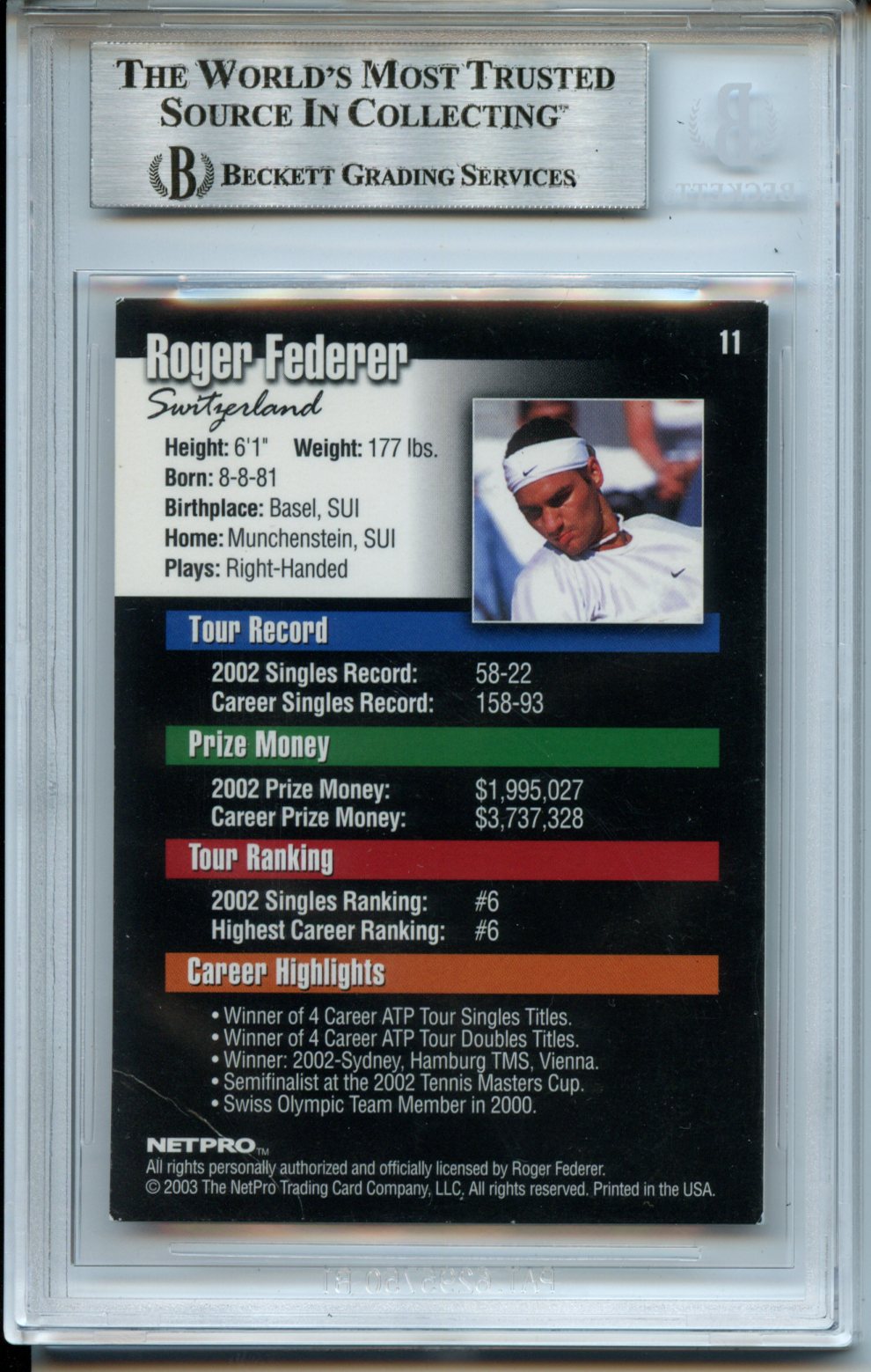 2003 NetPro #11 Roger Federer RC BGS Authentic Autograph