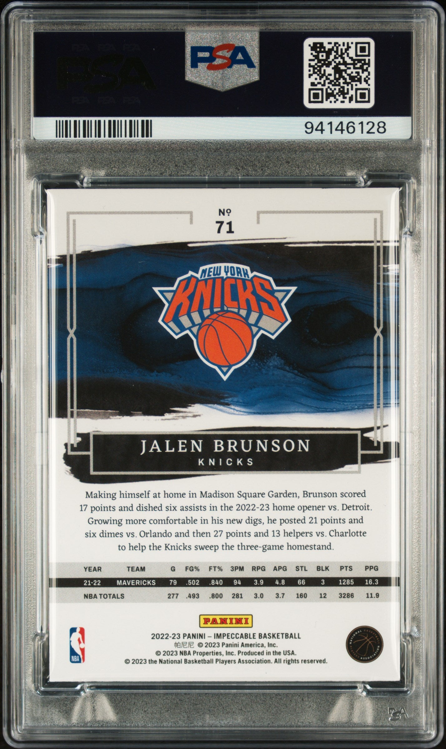 2022 Panini Impeccable #71 Jalen Brunson 80/99 PSA 9