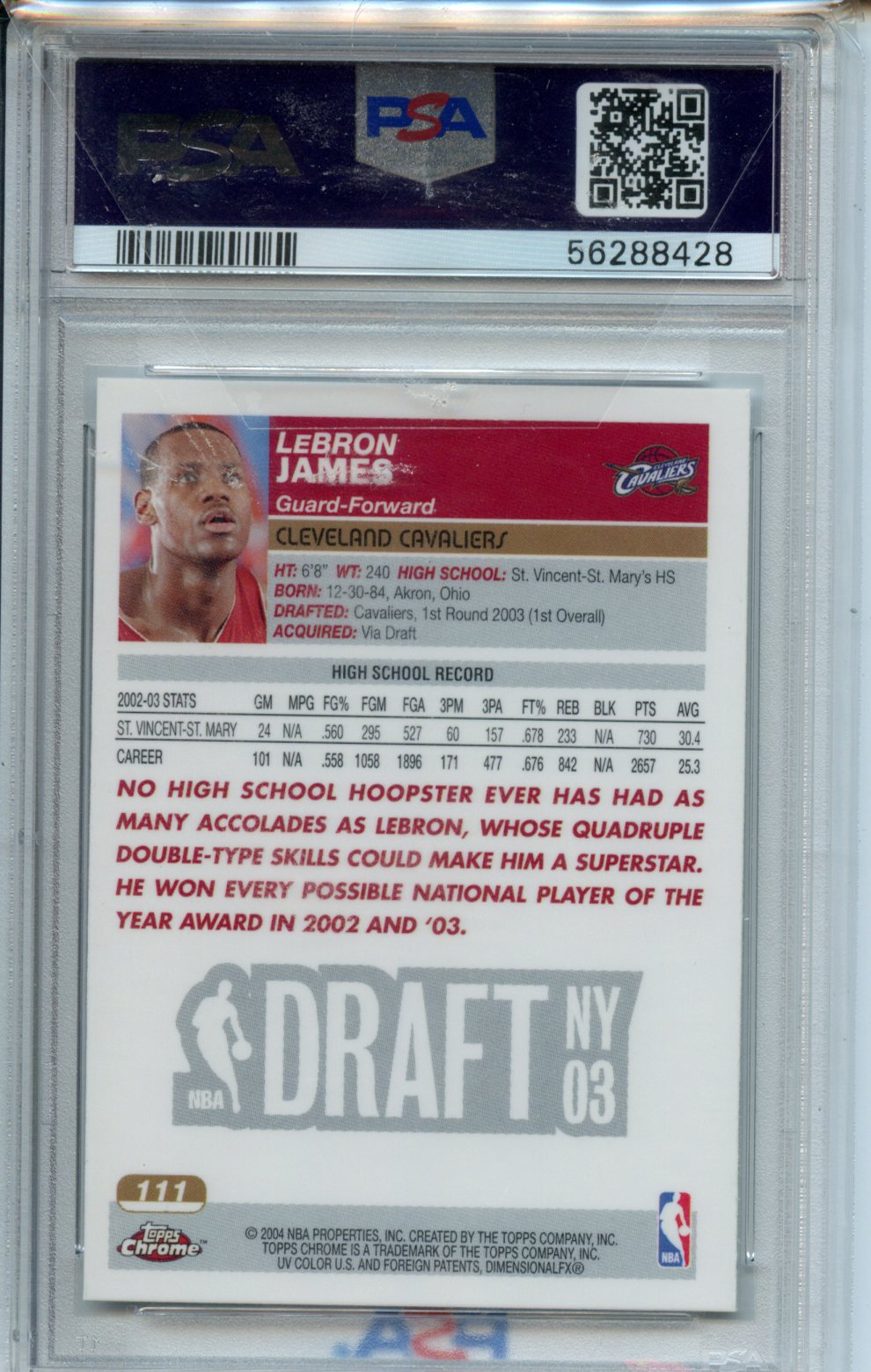 2003 Topps Chrome Draft Picks NY #111 LeBron James RC PSA 8