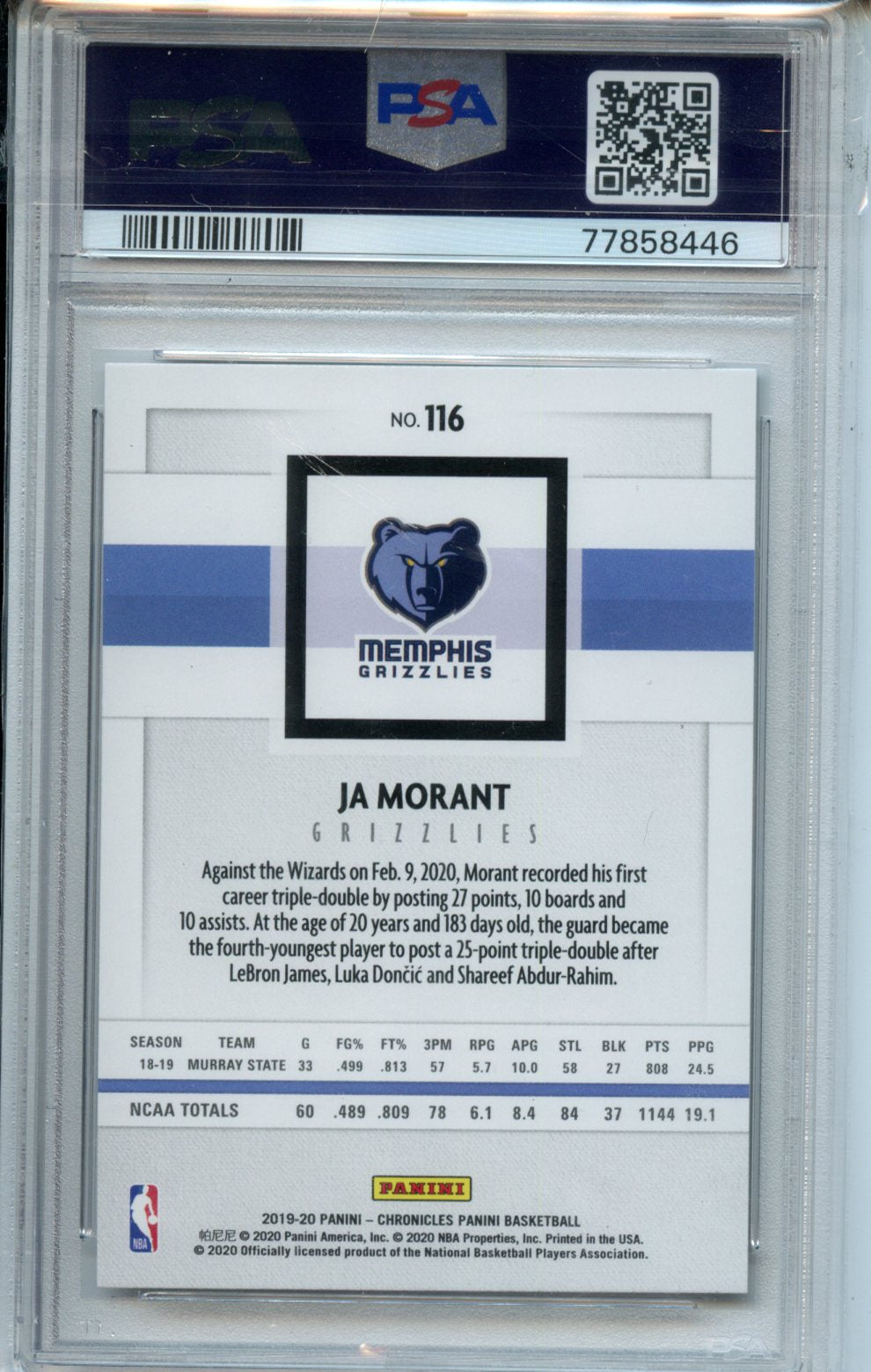 Ja Morant 2019 Panini Chronicles Rookie PSA 10